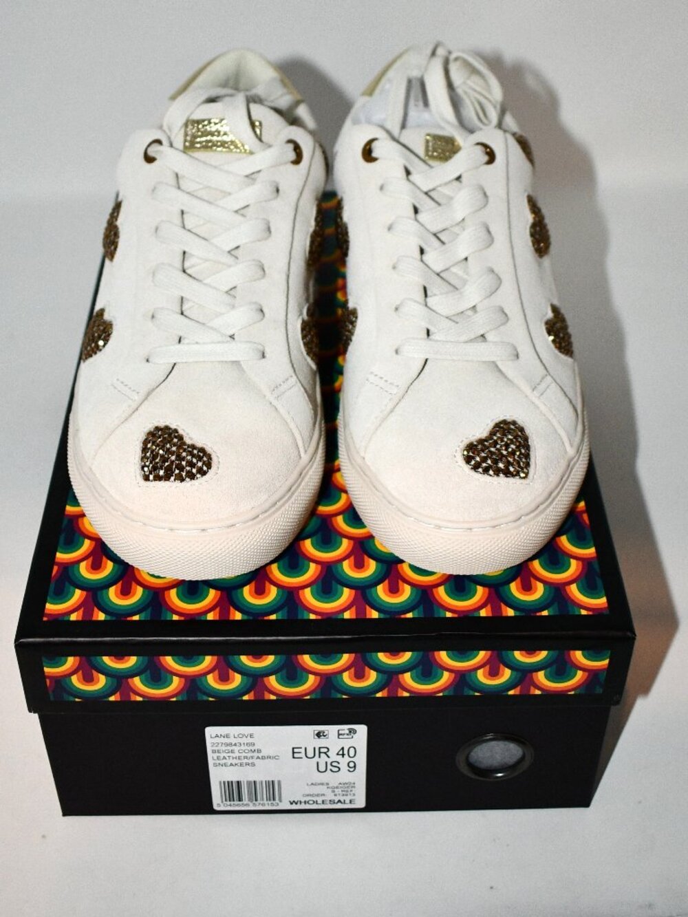 Kurt Geiger Lane Love Women's Sneakers Size 9 Beige White Crystal Hearts NIB